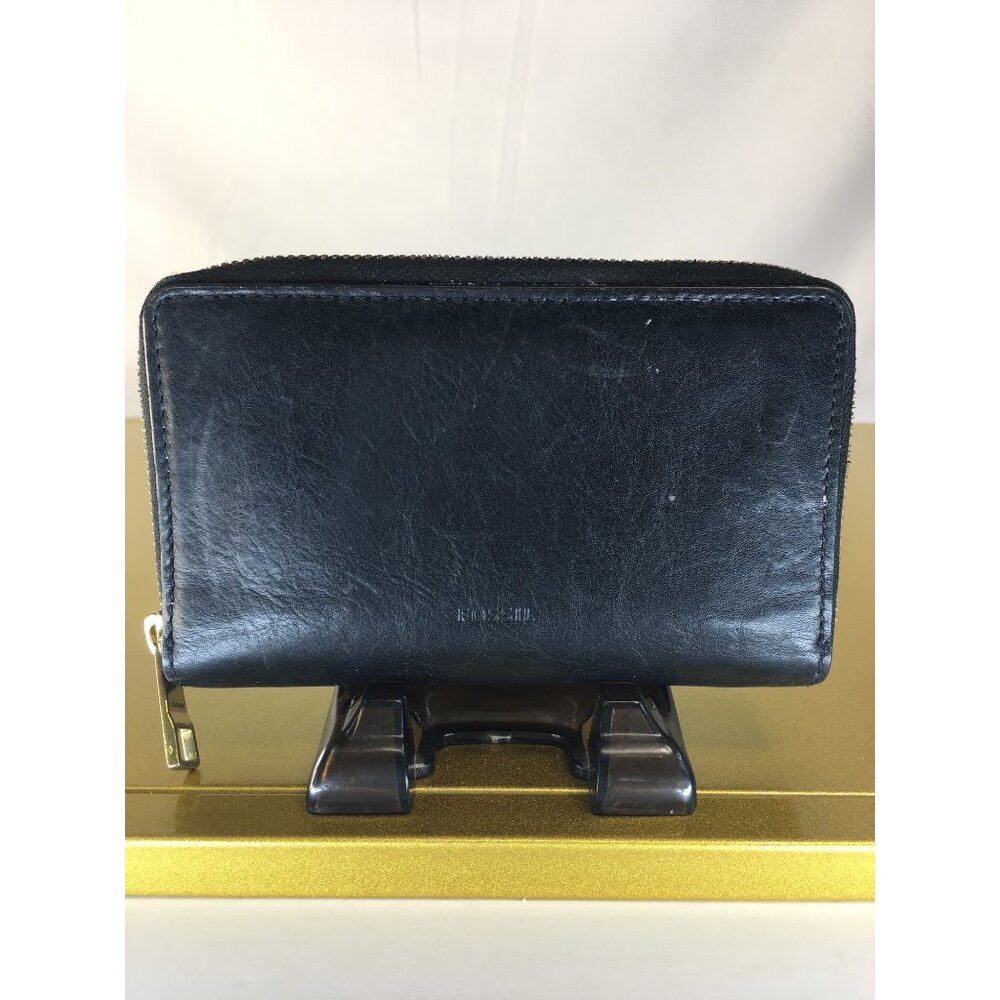Fossil RFID Long Wallet Clutch Zip Around Black Leather